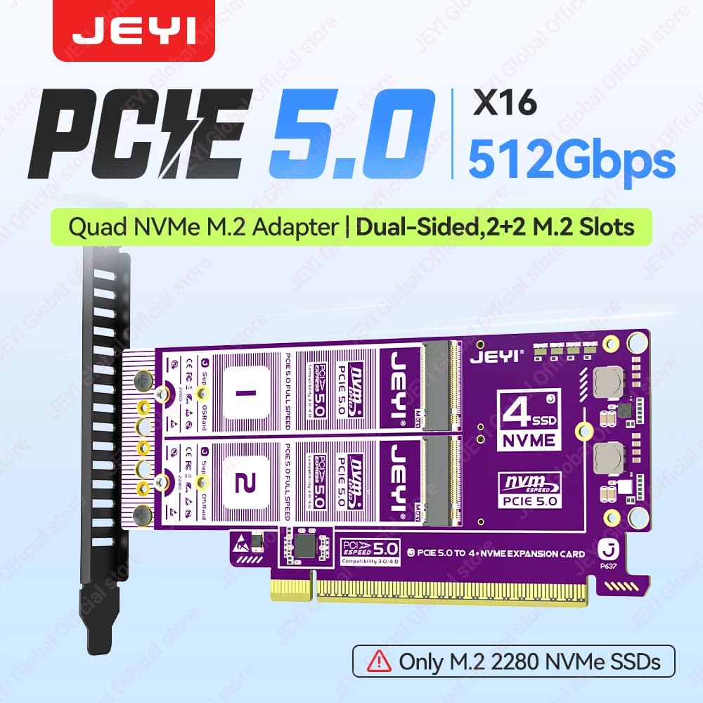 Scheda di Espansione JEYI PCIe 5.0 X16 Quad M.2 512Gbps con Supporto RAID, Adattatore a Slot Bilaterale per SSD fino a 8TB, Compatibile con PCIe 4.0/3.0