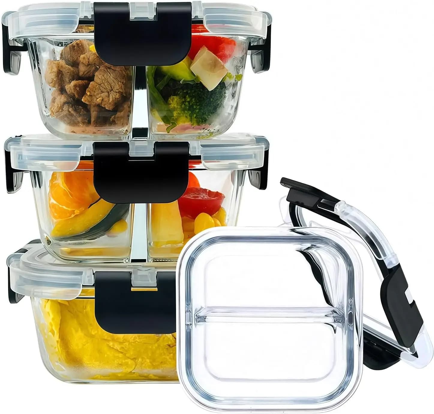 Contenitori in Vetro da 8 oz per Preparazione Pasti con 2 Scomparti, Set da 3 Scatole Bento con Coperchi per il Controllo delle Porzioni