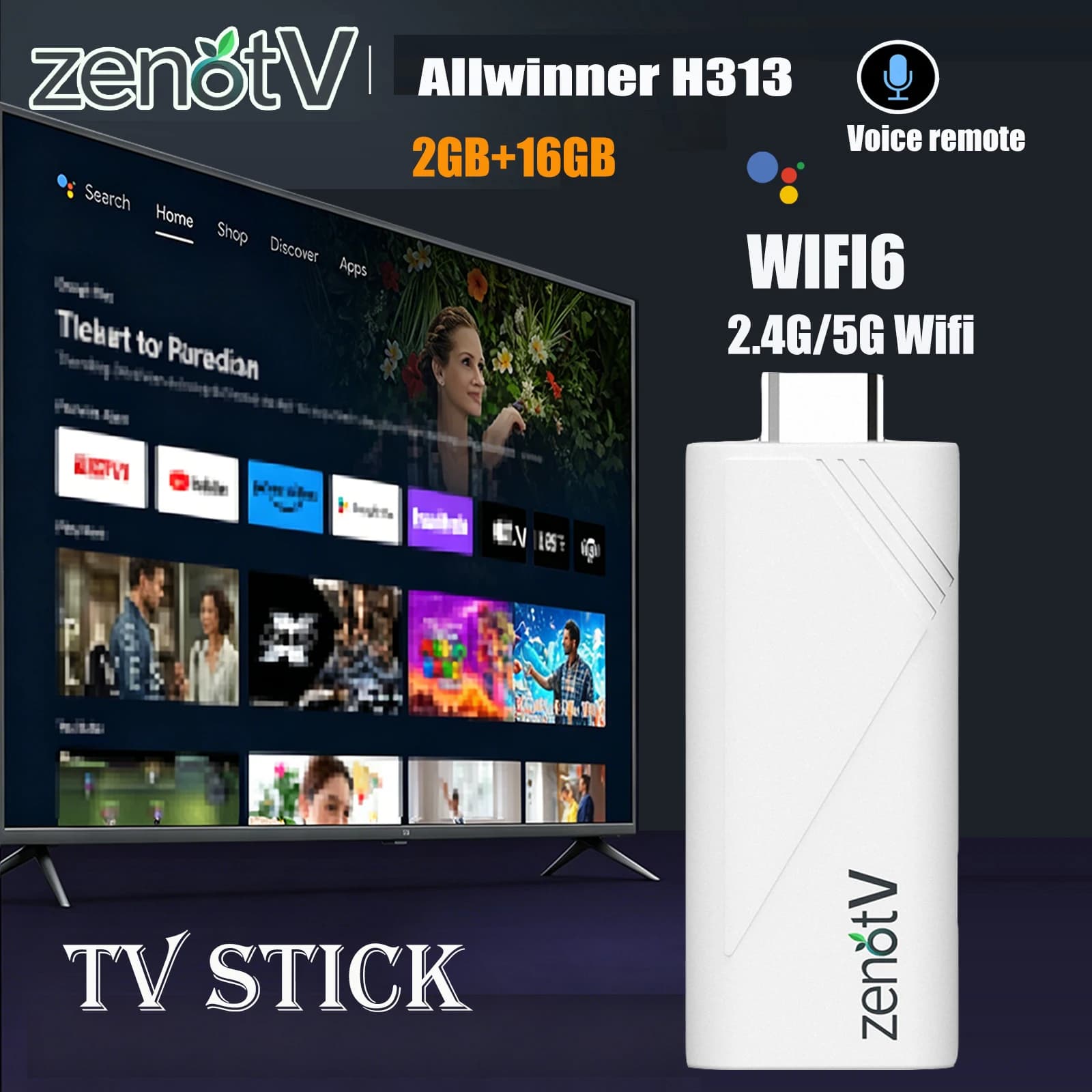 ZENOTV Smart Android TV Stick Quad Core con Wi-Fi 2.4G e Wi-Fi 5G Wi-Fi 6, RAM 2GB ROM 16GB, 4K 3D HDR, Telecomando Vocale, Alimentazione DC 5V 2A