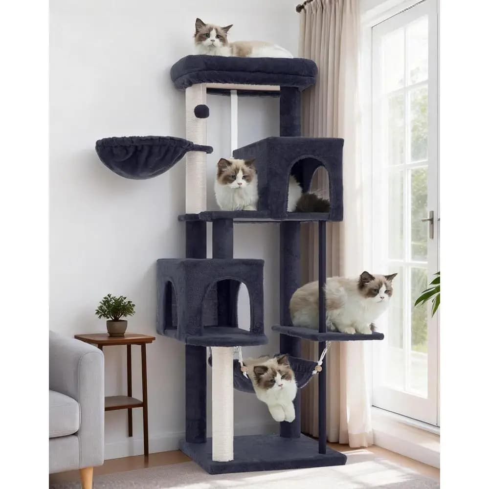 Torre per Gatti Grande 51.2 con Tiragraffi, Struttura in Acciaio Robusta, Amaca e Cesto, Grigio Scuro