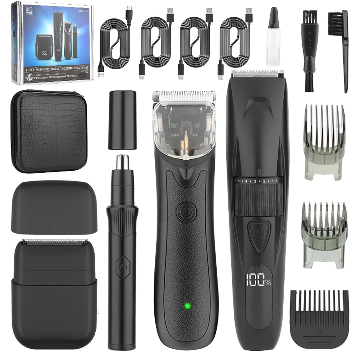 4pcs Professional Hair Clipper Hair Trimmer and Shaver Set, Cordless Beard Trimmer for Men, Electric Hair Cutting Grooming Kit, Rechargeable Men's Body Trimmer Set