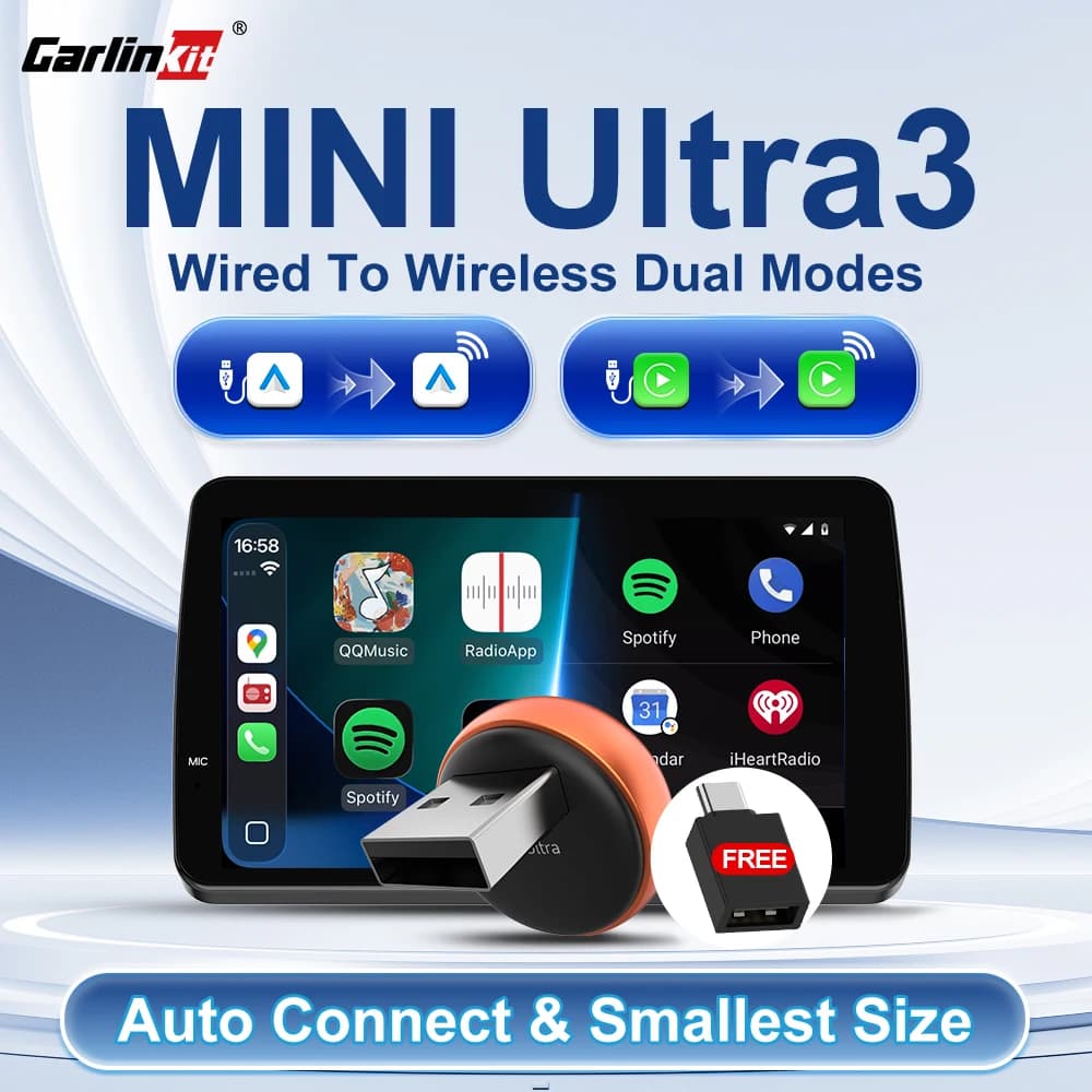 Adattatore CarlinKit 5.0 Wireless CarPlay Mini Ultra 3 da cablato a wireless, Android Auto Box USB Plug & Play, connessione WiFi automatica, OTA
