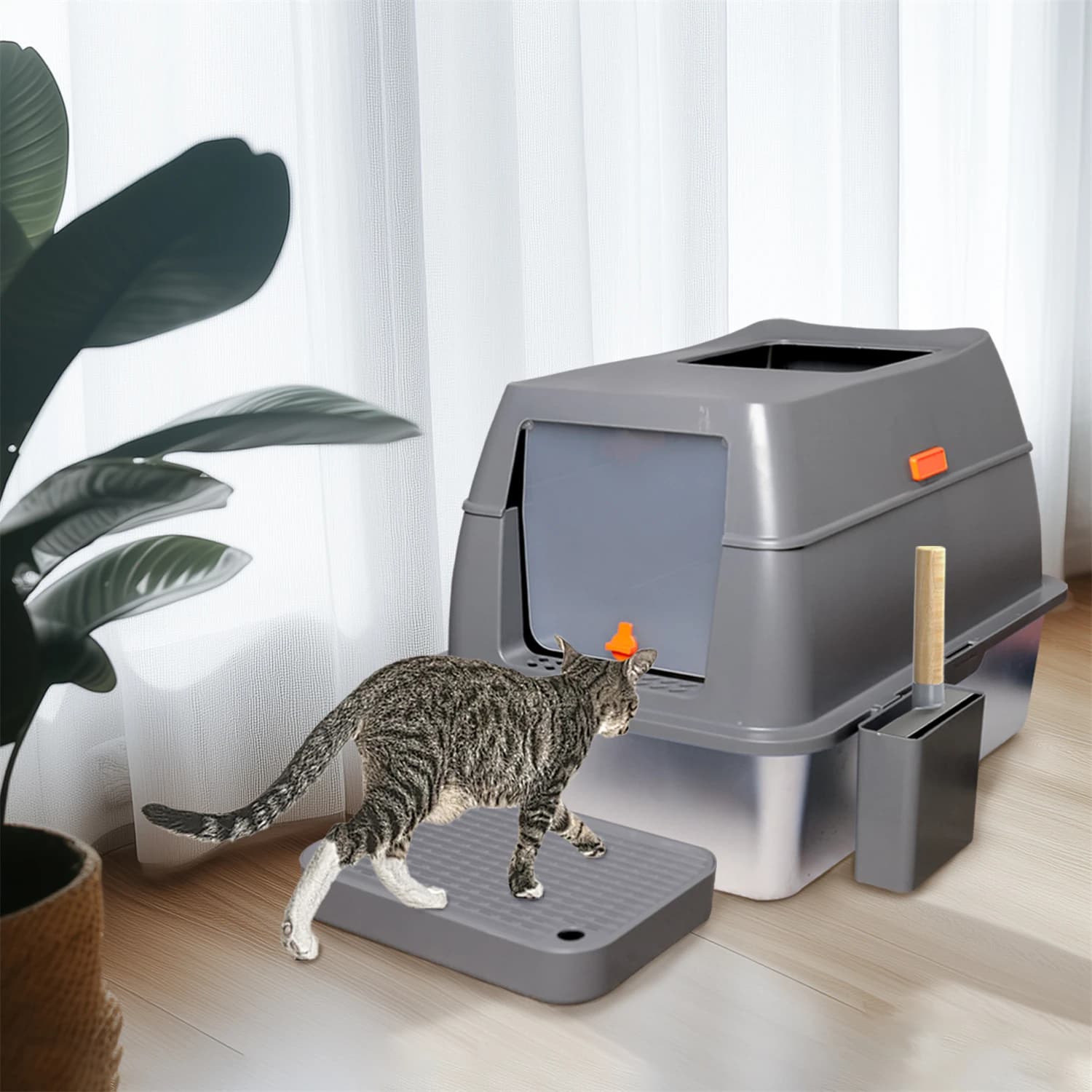 Lettiera per gatti chiusa in acciaio inossidabile con coperchio extra large per gatti grandi Kitty Lettiera in metallo con lati alti a parete