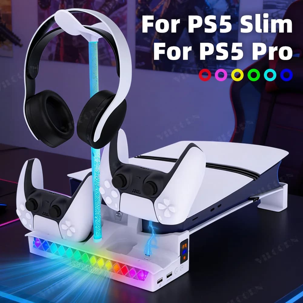 Stazione di raffreddamento per PS5 Slim e Pro (versione con disco e digitale), supporto orizzontale per accessori PS5 Slim Pro con base di ricarica e luce RGB