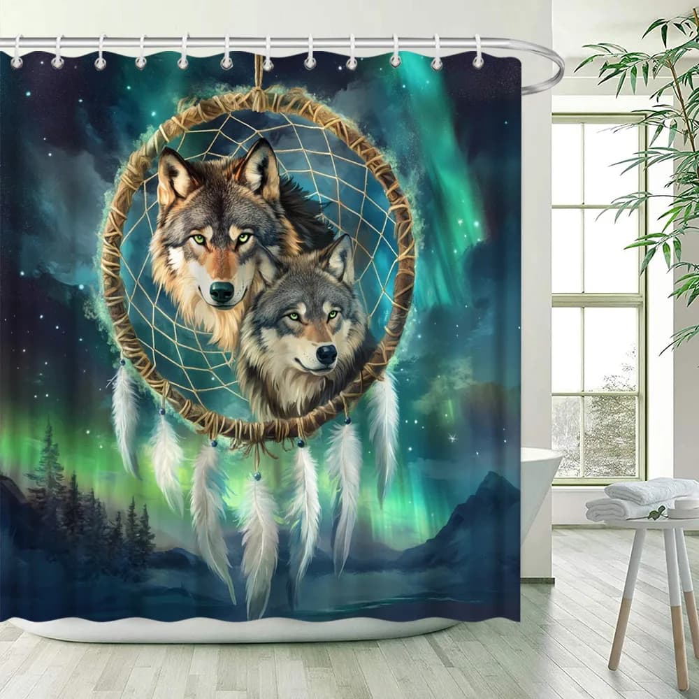 Wolf Dreamcatcher Shower Curtain - Realistic Wolves, Starry Night Sky with Northern Lights, Artistic Bathroom Decor
