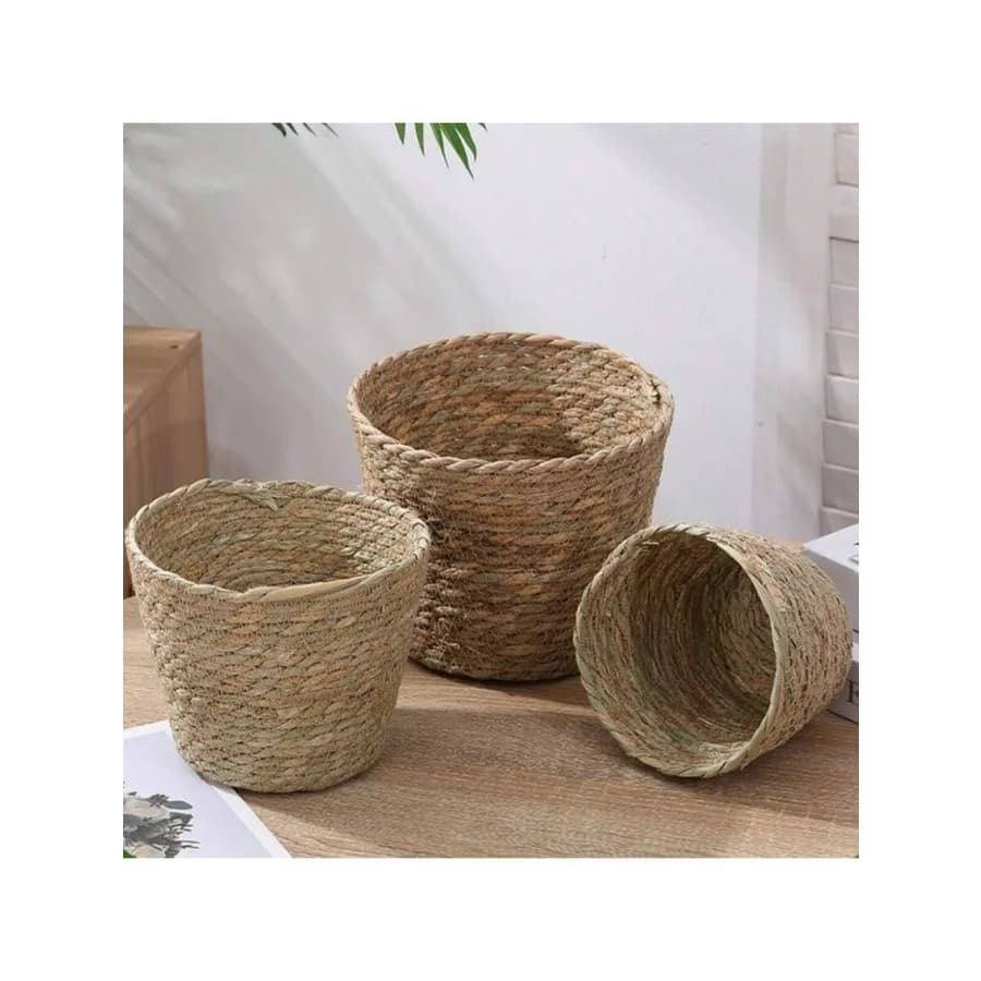 1 hand-made flower basket in seaweed wicker for desk decorations, plant container, suitable for indoor and outdoor use, home decoration
