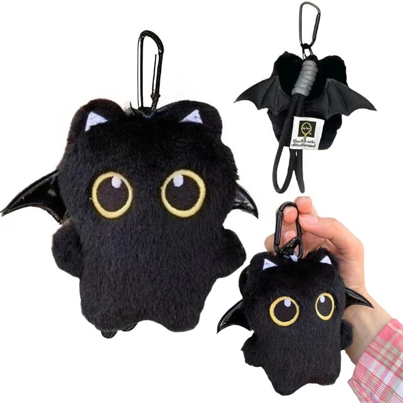 Portachiavi in peluche con gatto nero con ala fantasma Kawaii Peluche Ciondolo animale Accessori per borse punk con occhi grandi Zaino Fascino Regali per coppie