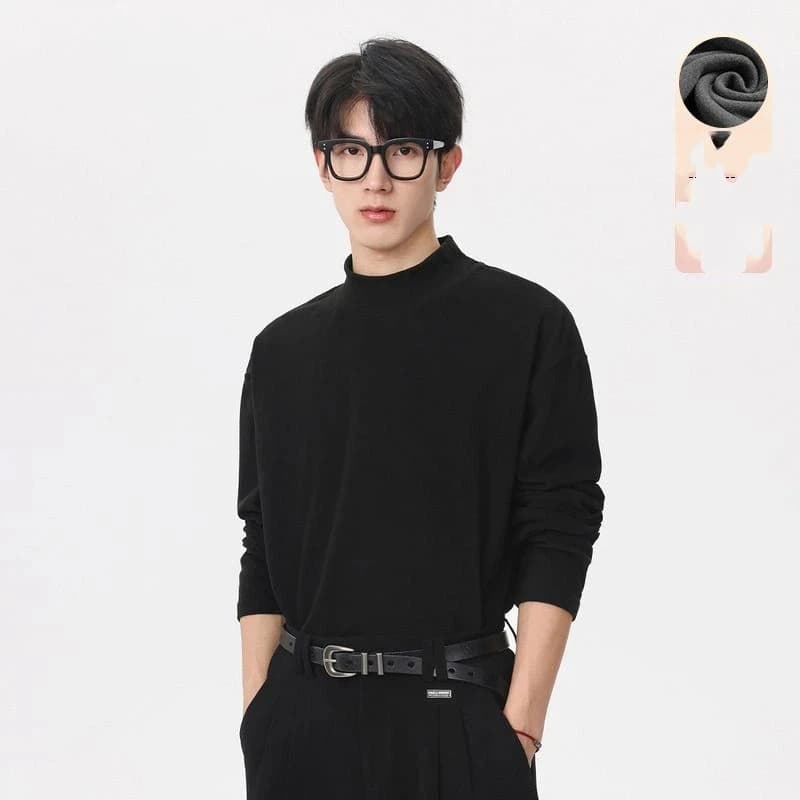 Autumn & Winter Solid Color Double-face Brushed Half Sweetheart Thermal Shirt with Long Sleeved Bottom Men's Casual T-shirt