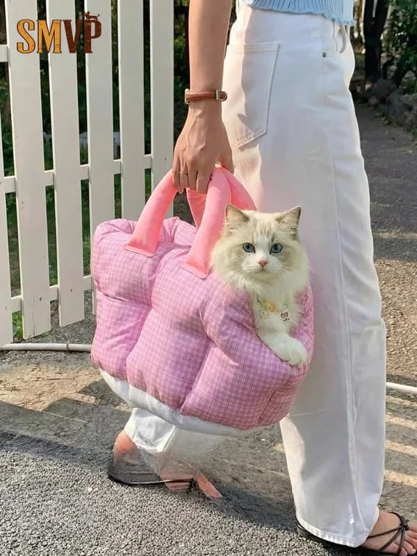 Cute Pink Plaid Ear Design Portable Pet Carrier Backpack Fully Washable Soft Cushion Travel Bag for Cats Small Dogs Within 6kg