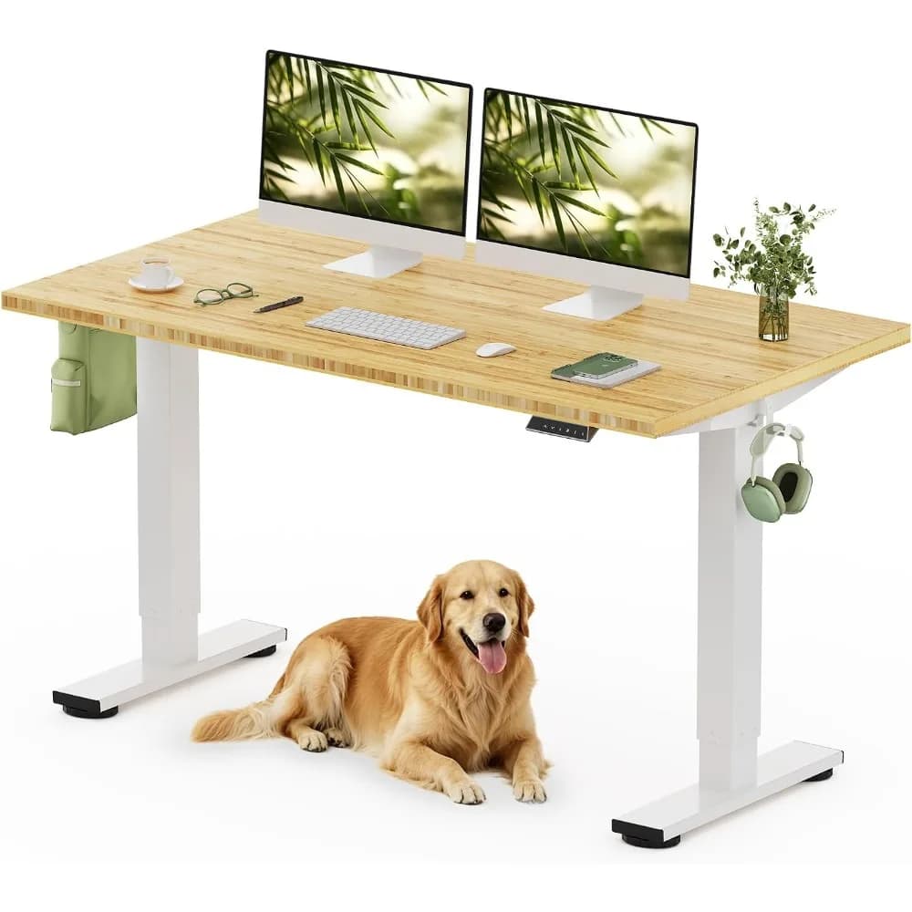 FLEXISPOT 55" x 28" Solid Bamboo Standing Desk, White Frame | Real Bamboo Desktop with Natural Grain, Durable & Sustainable, 176 LBS Capacity, Home Office and Multi-Monitor Setups