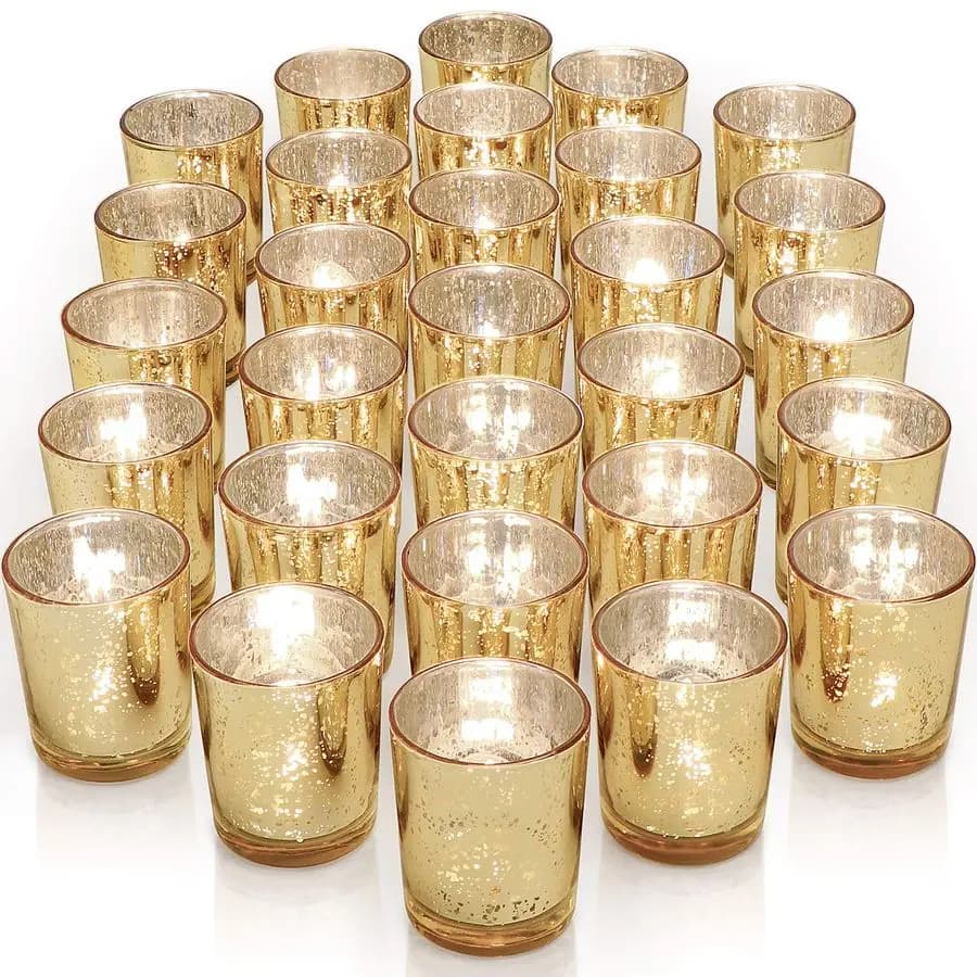 Set di 36 Portacandele Votivi in Vetro Dorato Maculato Effetto Mercurio, Ideali per Decorazioni Primaverili ed Estive, Perfetti come Centrotavola per Matrimoni
