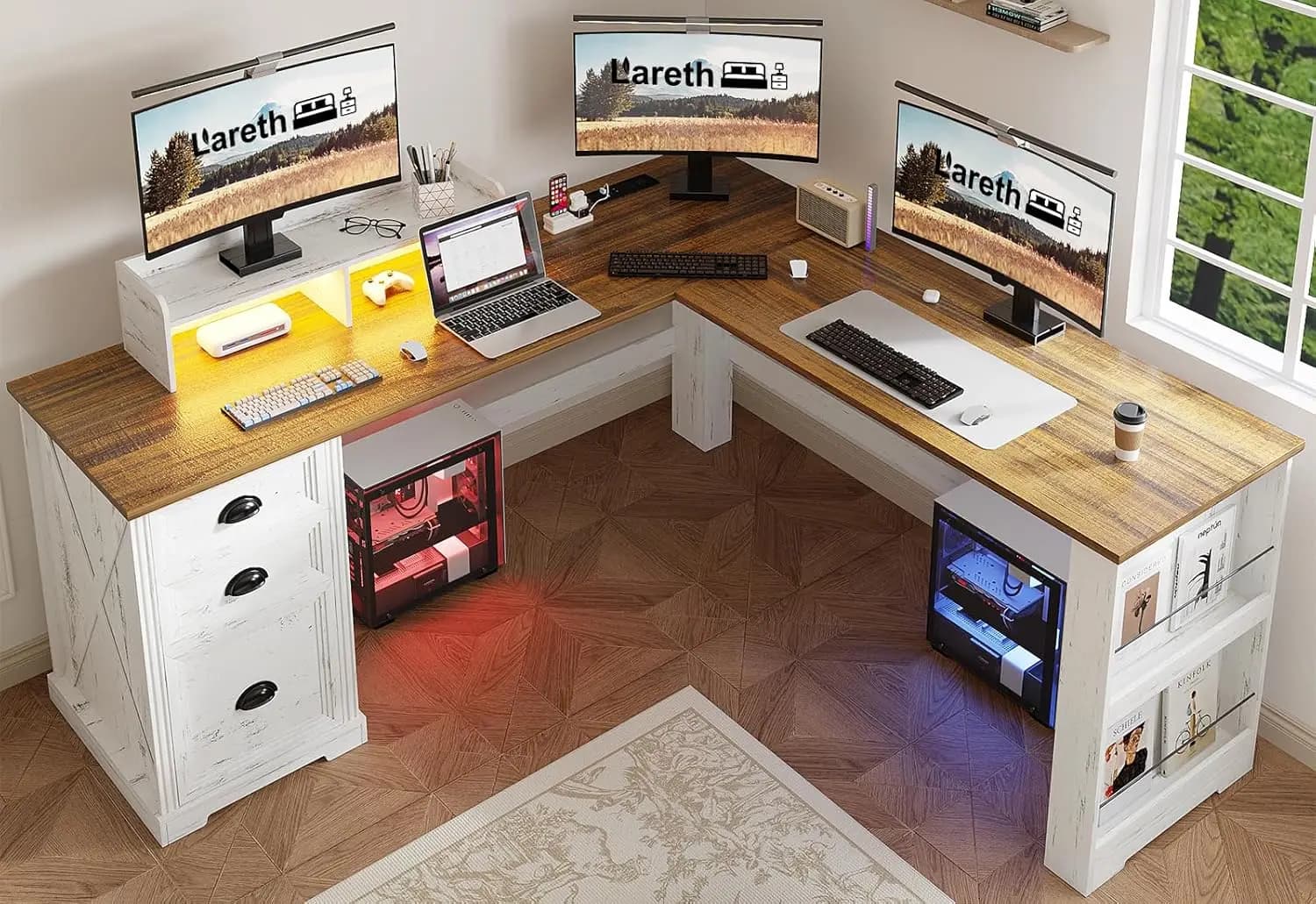 L Desk with Monitor Support, Rustic Style Computer Desk with LED Light and Current Grip, House Directional Desk, Customizable