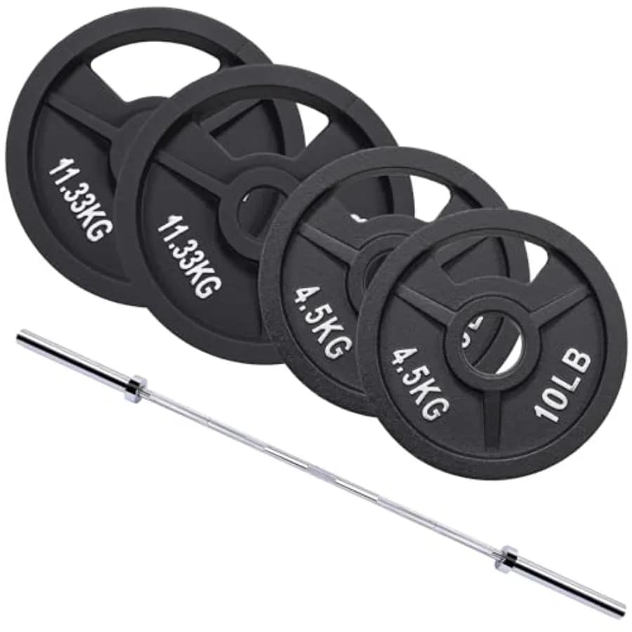 2 inch cast iron barbell set with multiple weight discs in pounds and 6 foot balancer
