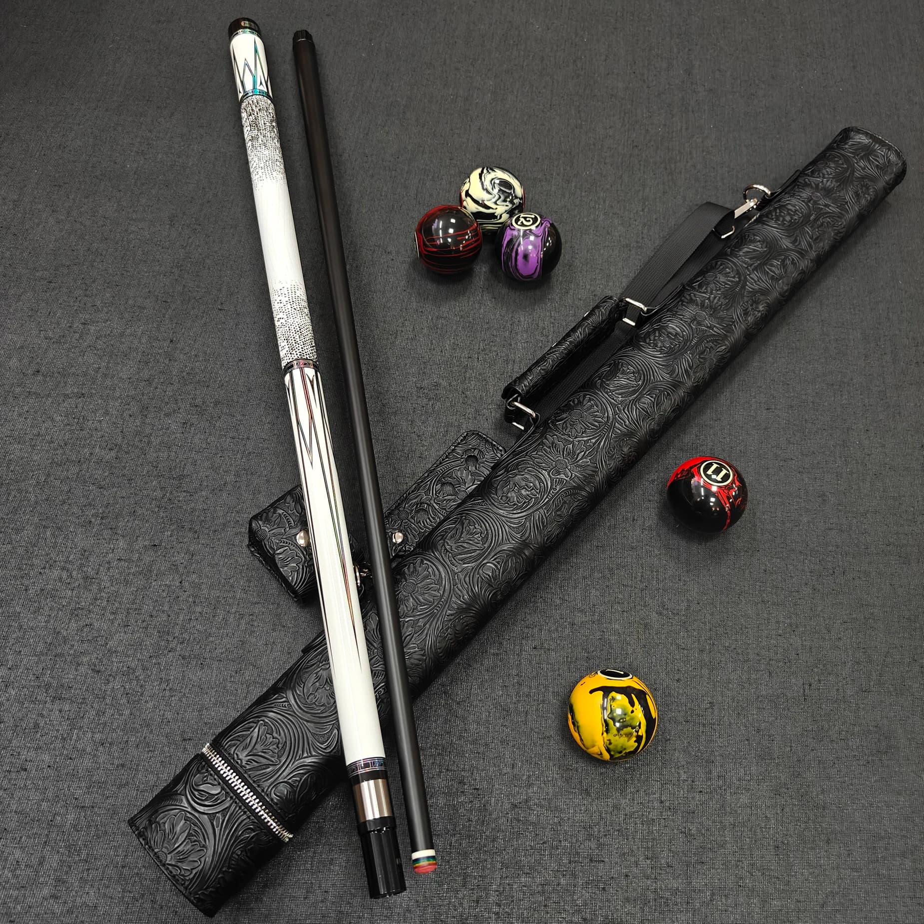 Premium Pool Cue Set,58in 1/2 Split,10.5/11.5/12.5mm Tip,Diamond Print,Lizard Grip,Joint Protector,Black Embossed Cue Case