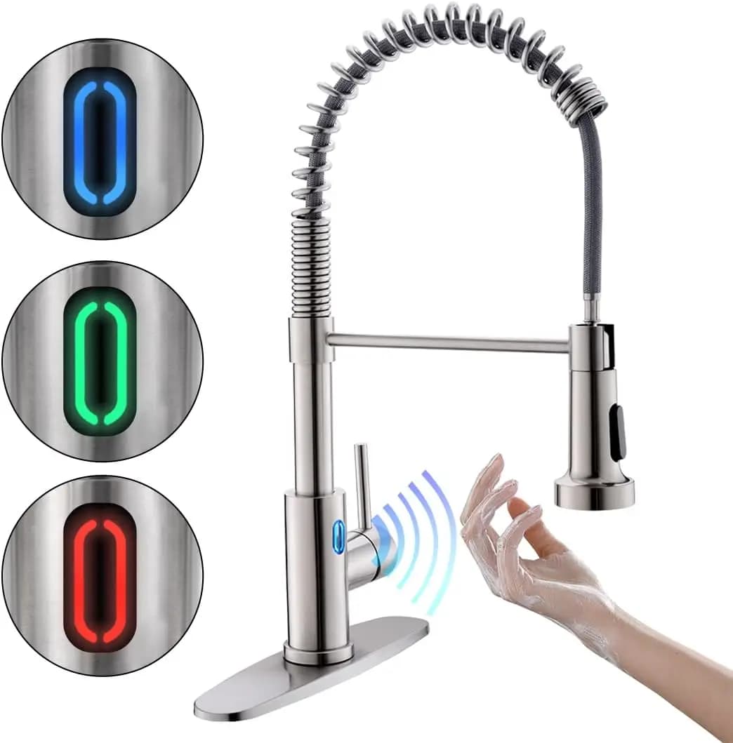 Rubinetto da cucina touchless con luce LED, sensore di movimento, spruzzatore estraibile, acciaio inossidabile - vivavoce e igienico