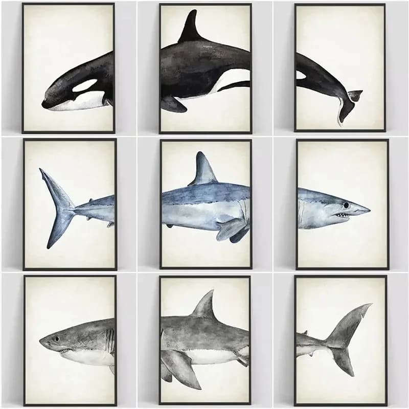 (No frame)Shark 3 Pieces Minimalism Whale Poster and Print Ocean Animal Marine Canvas Painting Wall Art Picture For Living Ro