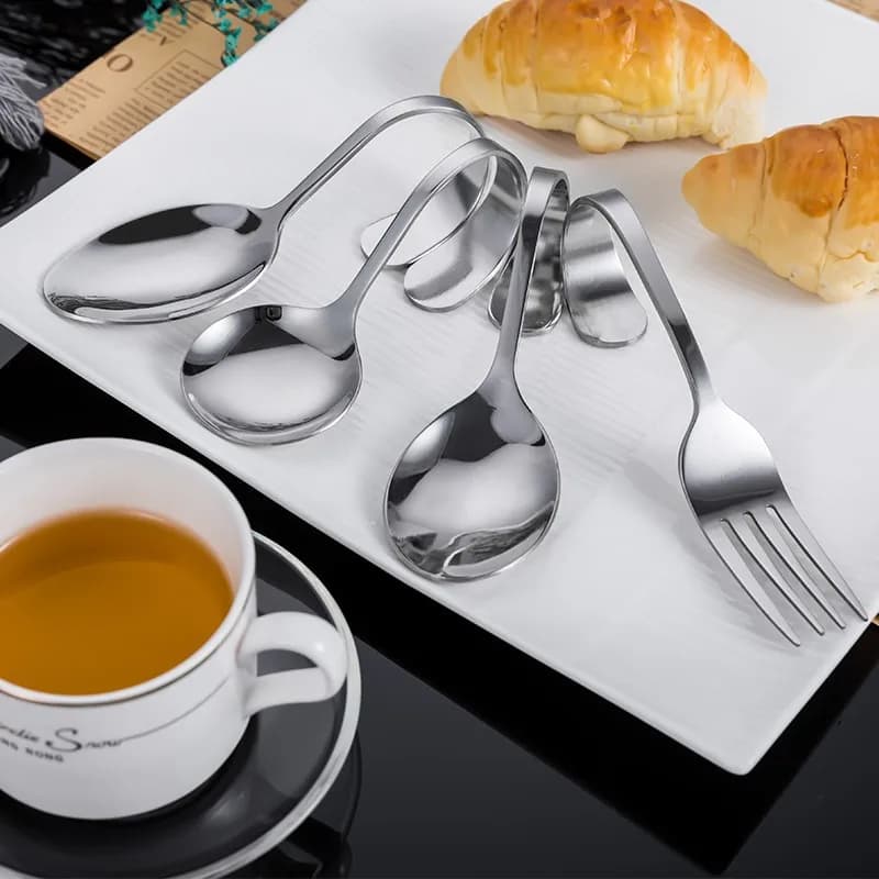 Cucchiaio da insalata in acciaio inossidabile, manico curvo piegato, forchetta, posate, pasto da buffet, paletta per marmellata, accessori da cucina, 4 pezzi, lotto