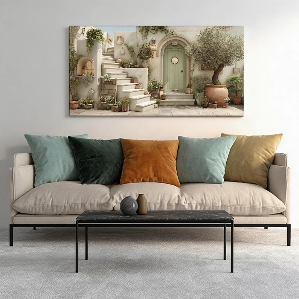 Painted on canvas with large wooden frame, 1 piece, entrance in Mediterranean style, luxurious green.