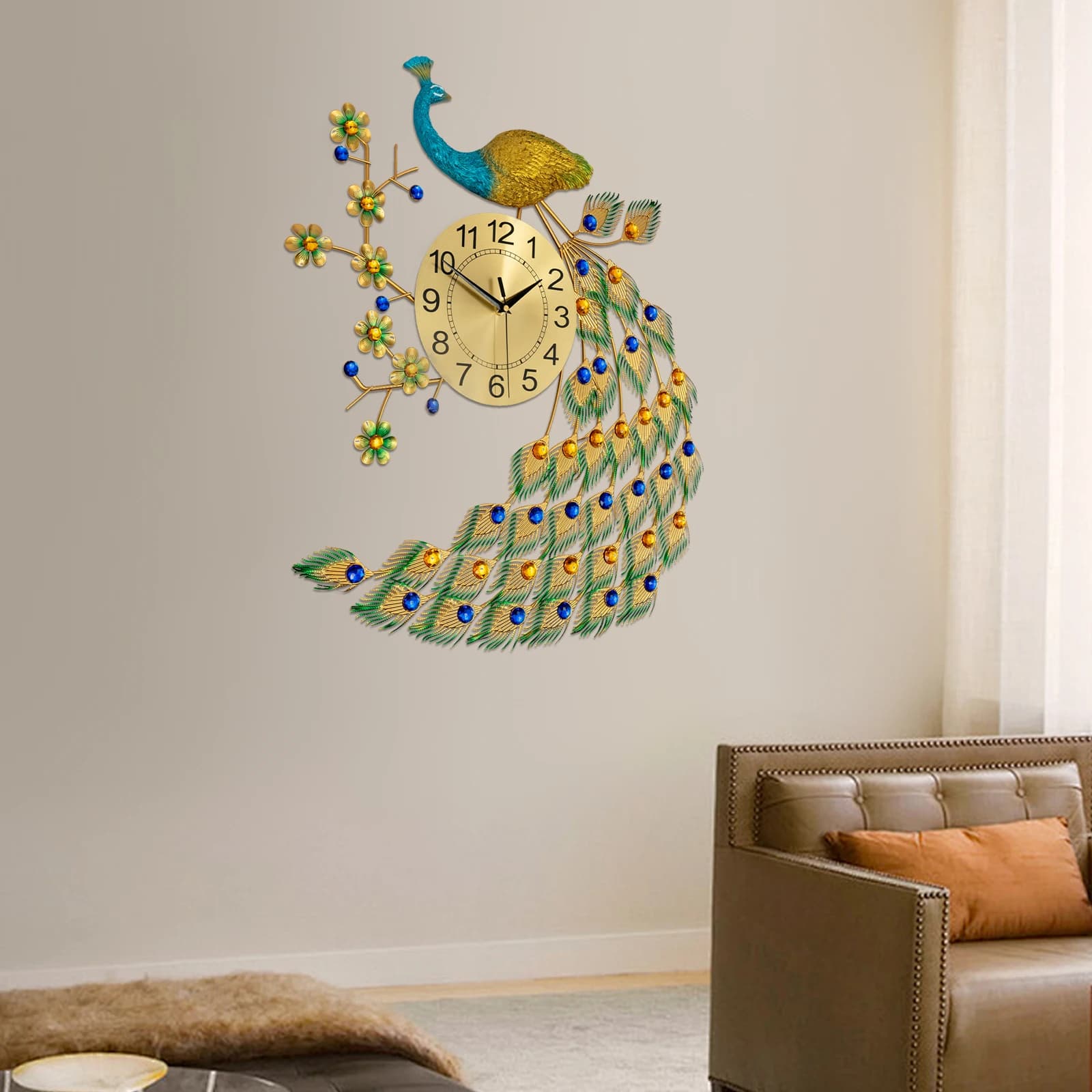 Orologio da parete con piume di pavone Design moderno blu oro Orologio analogico da parete grande da 30 pollici con numeri romani per soggiorno