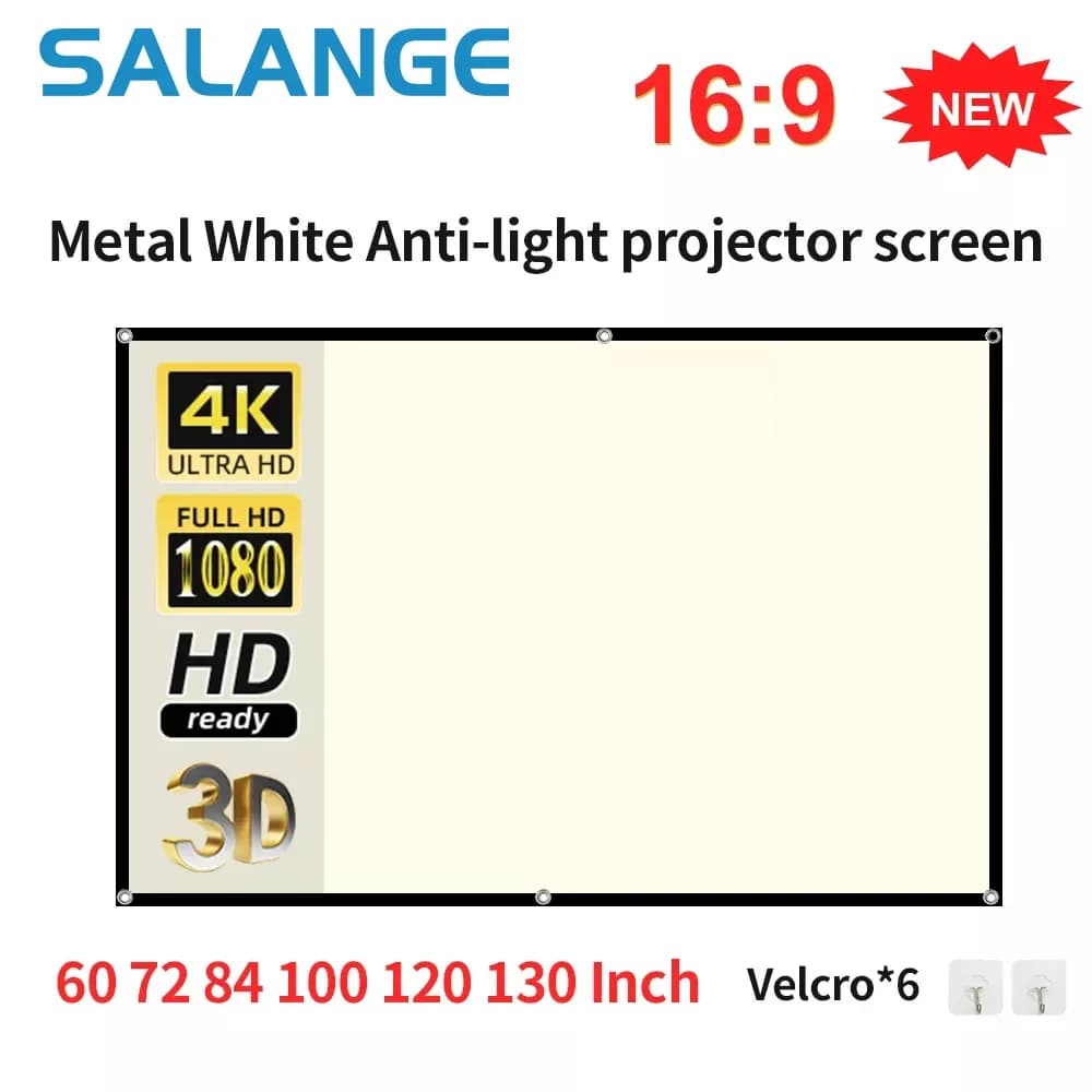 Salange Griglia bianca Tenda anti luce Schermo per proiettore Montaggio a parete Riflettente ad alta luminosità 100 120 pollici per casa all'aperto 16:9