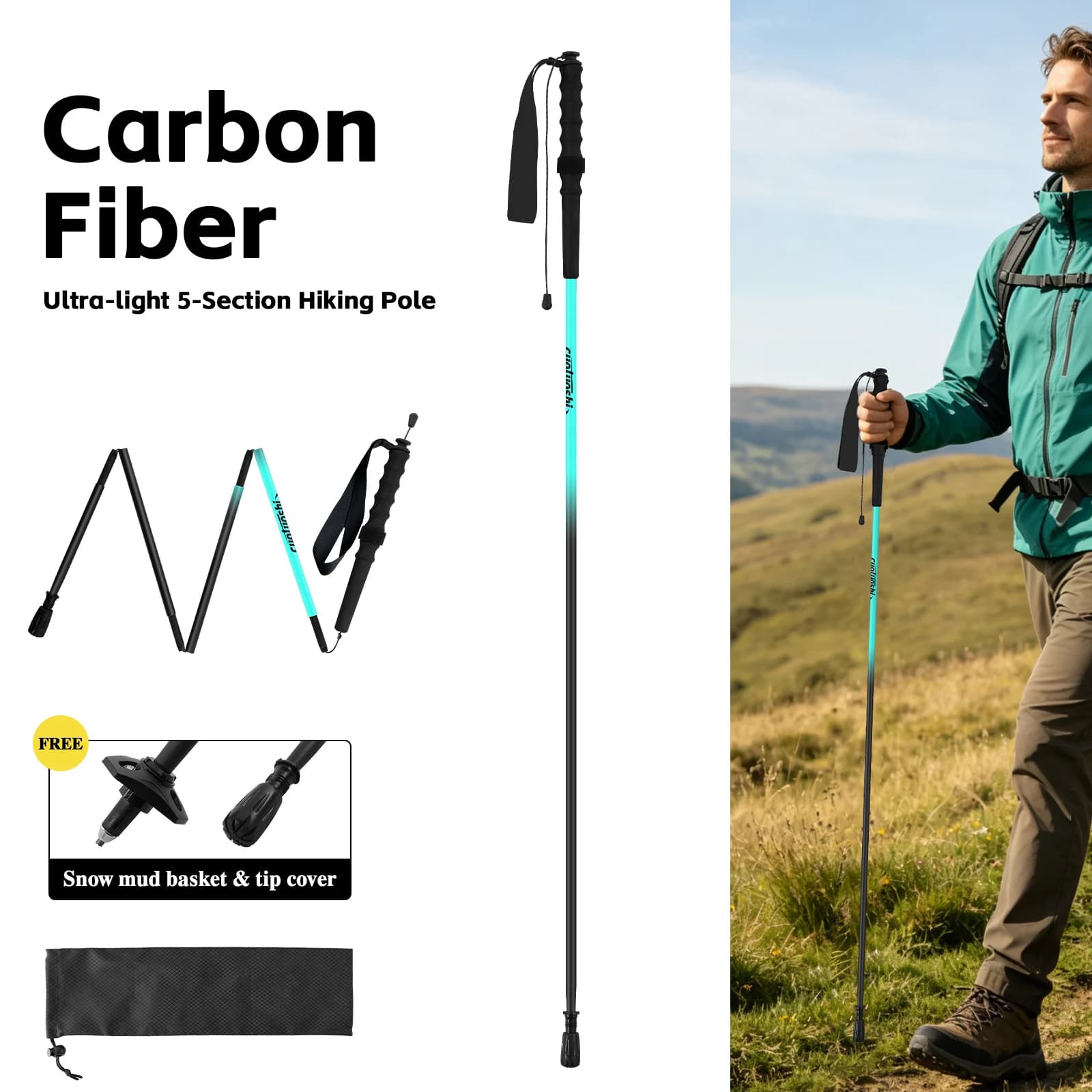 Carbon Fiber Trekking Pole, Five-Section Folding Nordic Walking Stick, High-Strength Carbon Fiber Hiking Stick, Sturdy and Durable, Compact for Storage, Lightweight and Easy to Carry, Black Matte Finish, Colorful Wrist