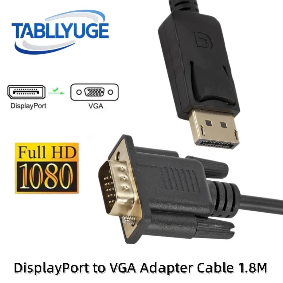 TABLLYUGE Cavo adattatore DisplayPort a VGA da 1,8 m 1080P DP a VGA Adattatore maschio a maschio per PC Computer portatile TV Monitor Proiettore