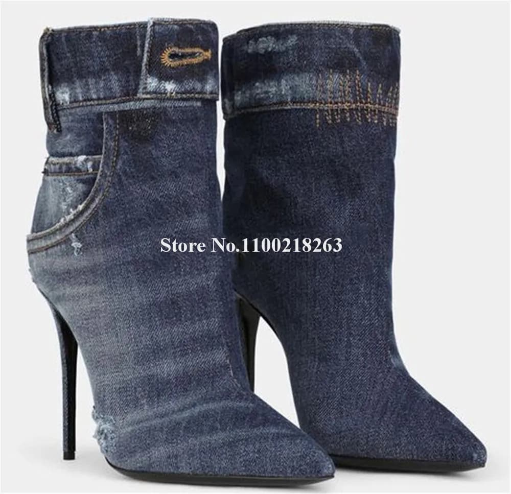 Stivaletti corti in denim nero blu moda occidentale punta a punta sexy slip-on tacco a spillo stivaletti alla caviglia jeans tacchi alti casual