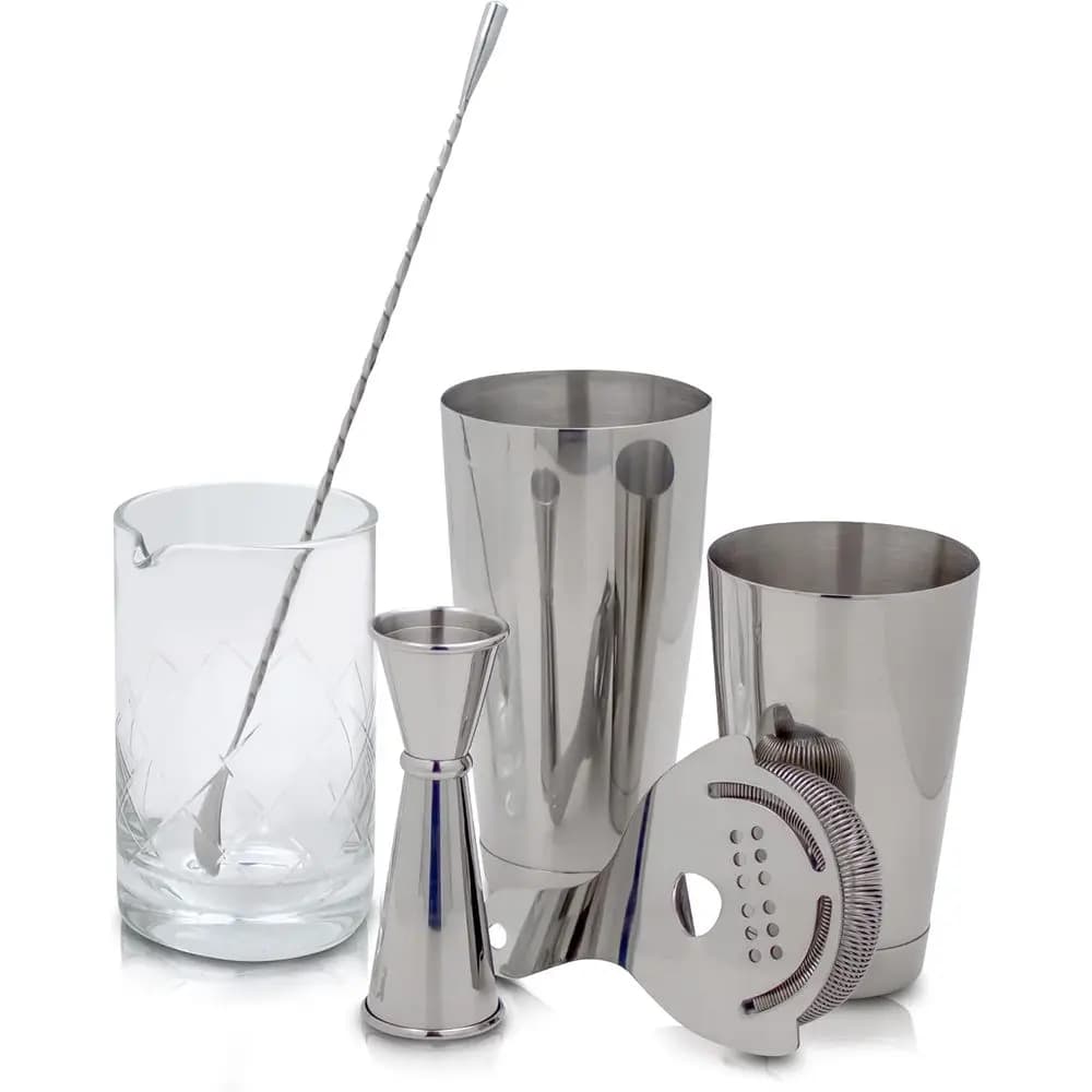 Kit Professionale per Preparazione Cocktail: Shaker Boston, Colino, Jigger, Cucchiaio da Bar, Mixing Glass