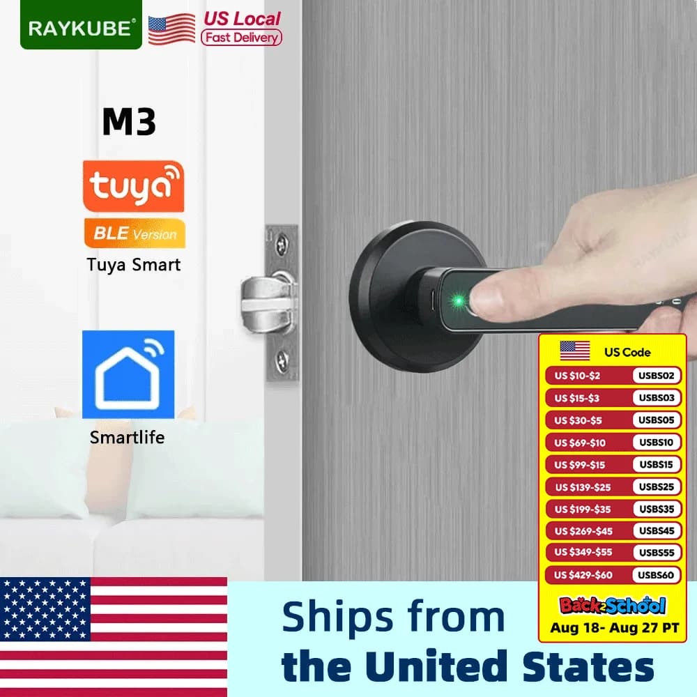 RAYKUBE M3 Tuya BLE Smart Fingerprint Electronic lock Password Lock with Smartlife/Tuya APP keys Unlock Delivery from United States