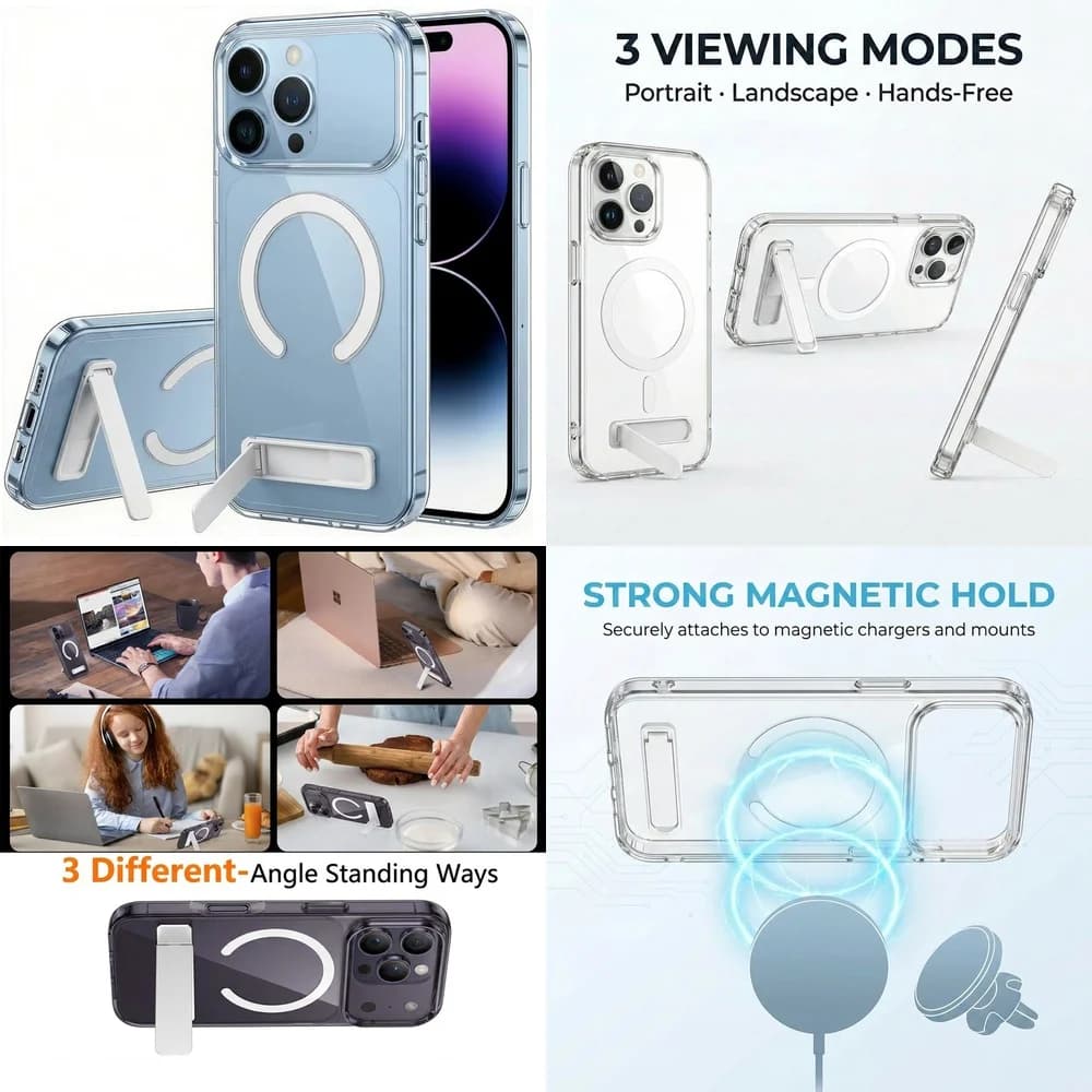 Best Seller Clear Magnetic Case with Holder Stand Full Body Protection for iPhone 17 16 15 14 13 12 11 Pro Max Plus mini