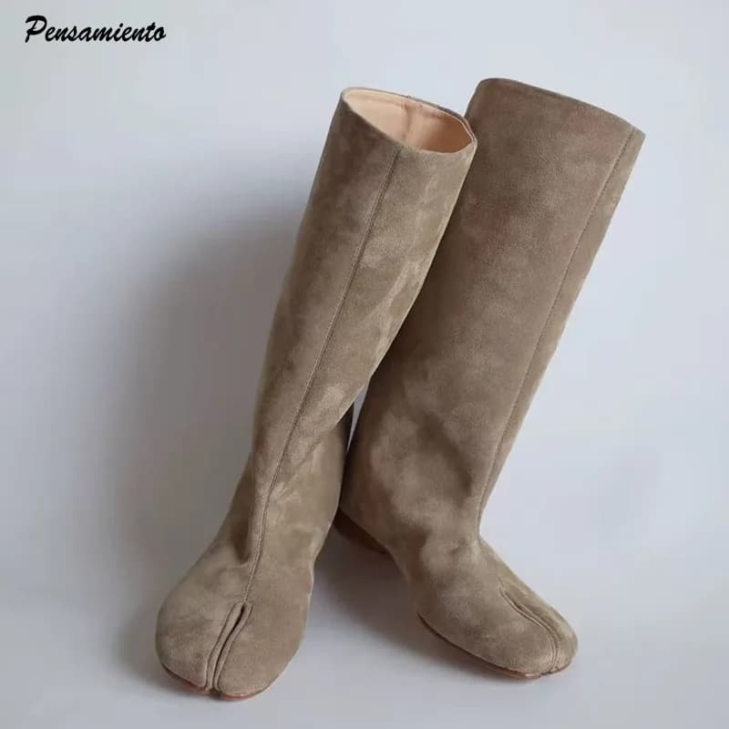 Autumn Winter Fashion Faux Suede Split toe Women Knee-High Boots Casual 2cm Low Heeled Tabi Modern Knight Long Boots Shoes Botas