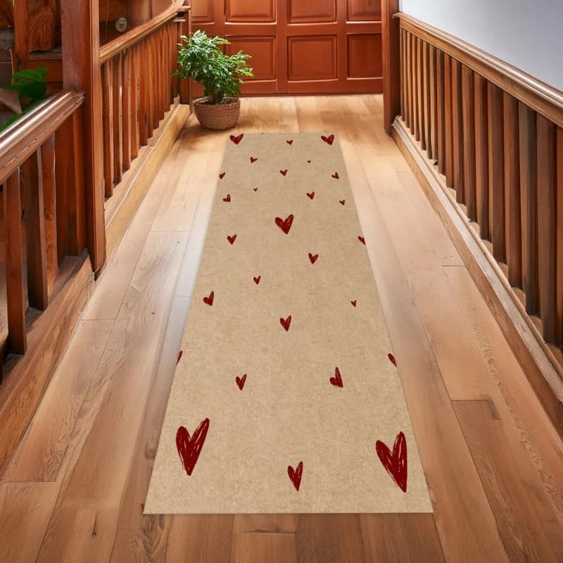 Rustic Red Hand Drawn Heart Runner Rug Non Slip Long Hallway Floor Mat Cute Love Pattern Carpet for Entryway Bedroom