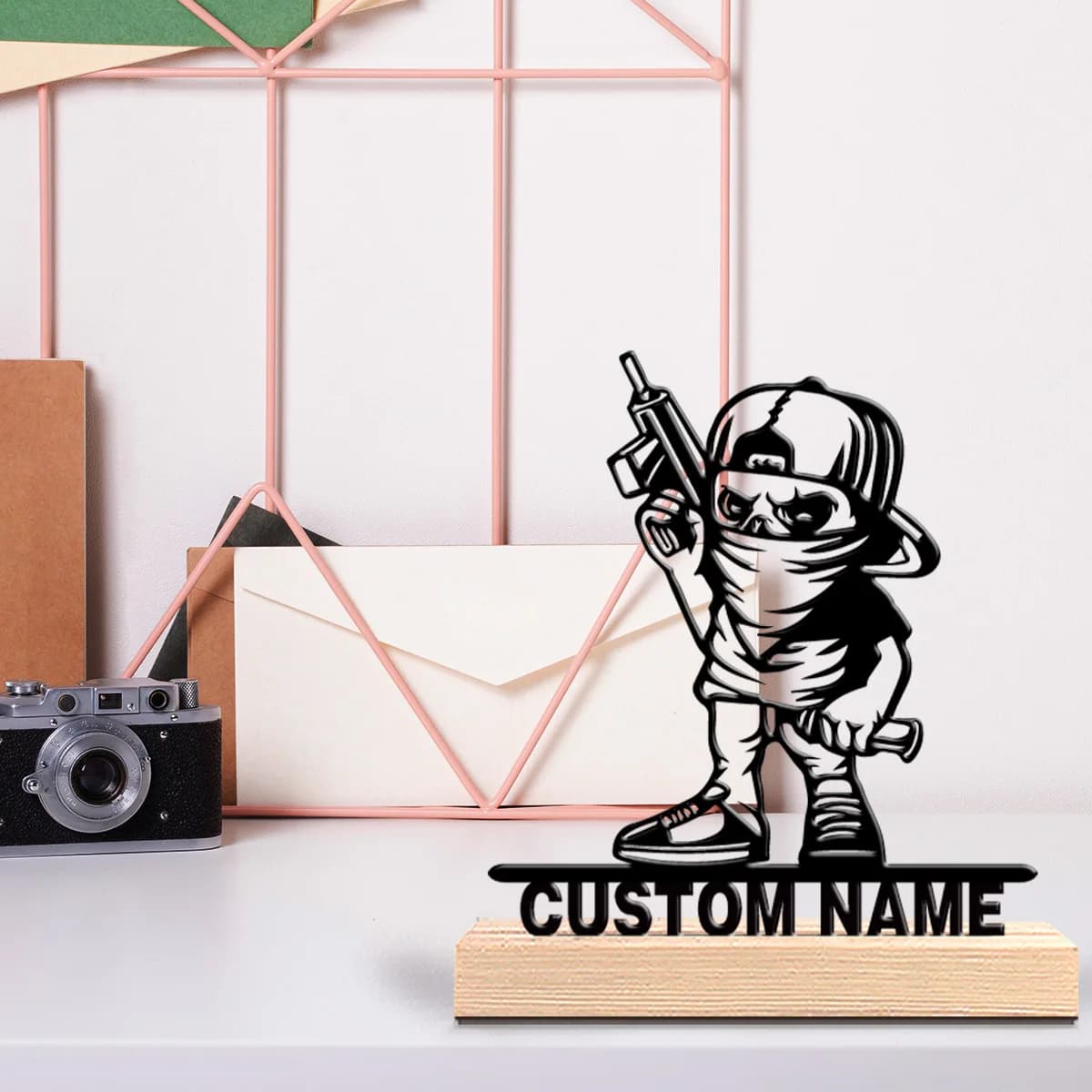 Statua in Metallo Personalizzata per Bambini con Maschera, 1 Pezzo, con Base in Legno, Decorazione da Tavolo, Scultura da Scrivania Vibrante con Base in Legno, I