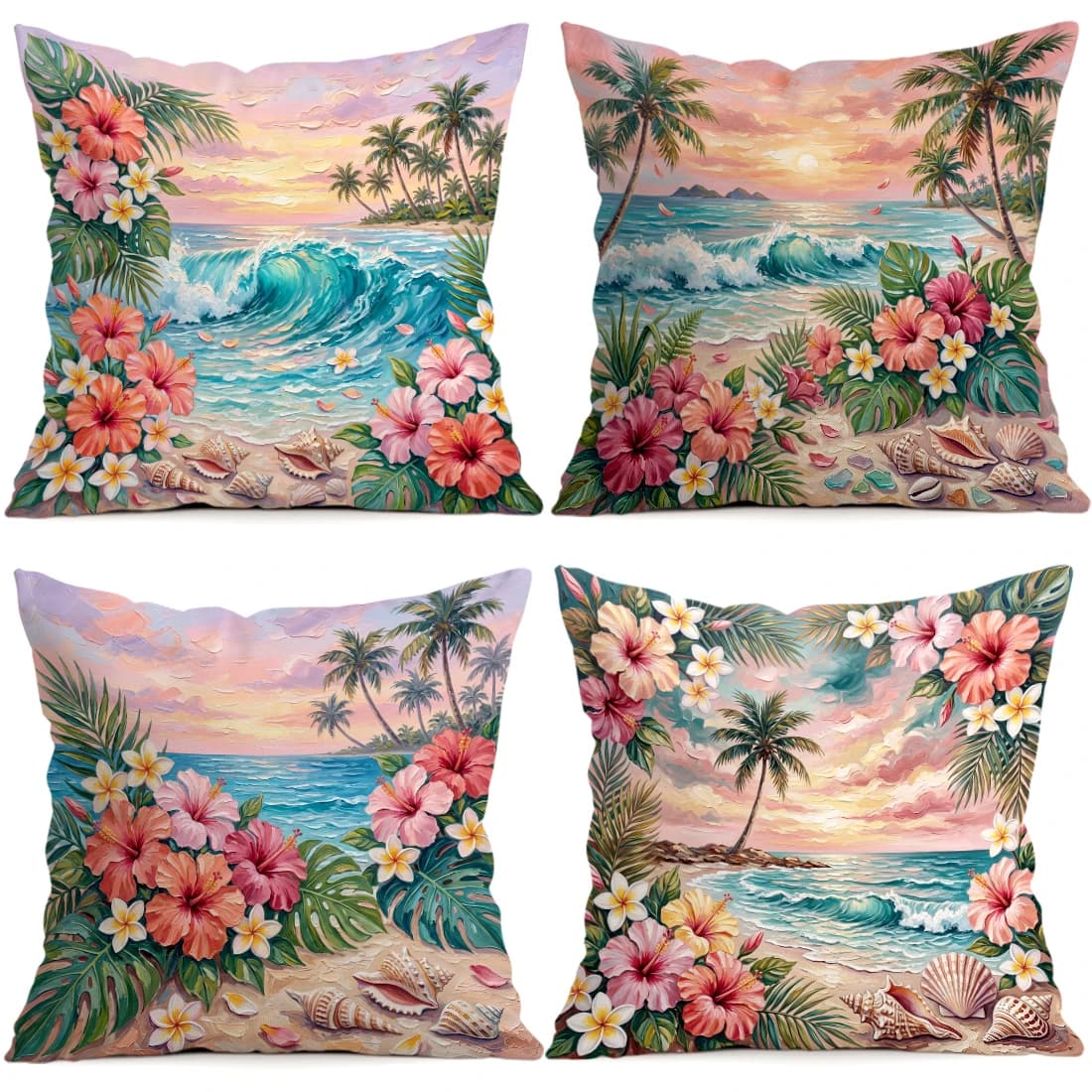 Fodera per cuscino con motivo floreale Hawaii Beach Sunset, in poliestere, per decorazione casa, auto, divano
