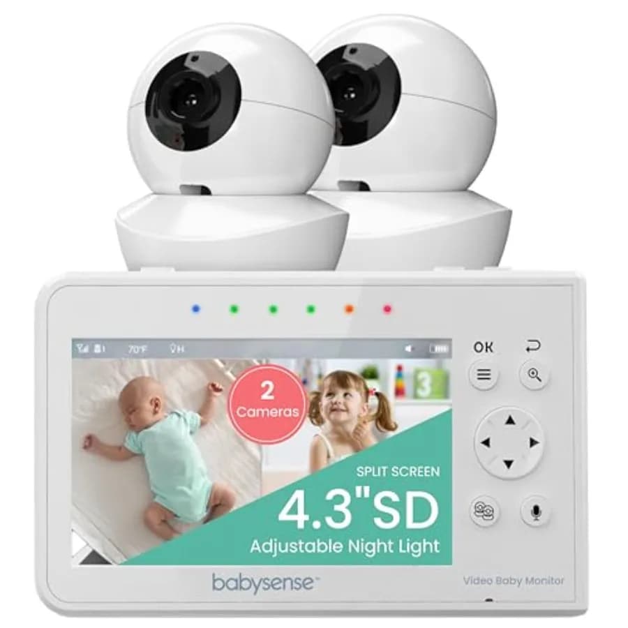 Baby Monitor a 2 Telecamere Senza WiFi con Schermo Doppio da 4.3 Pollici, Monitoraggio Video Portatile del Sonno, Visione Notturna Automatica, Luce e Ninna Nanna