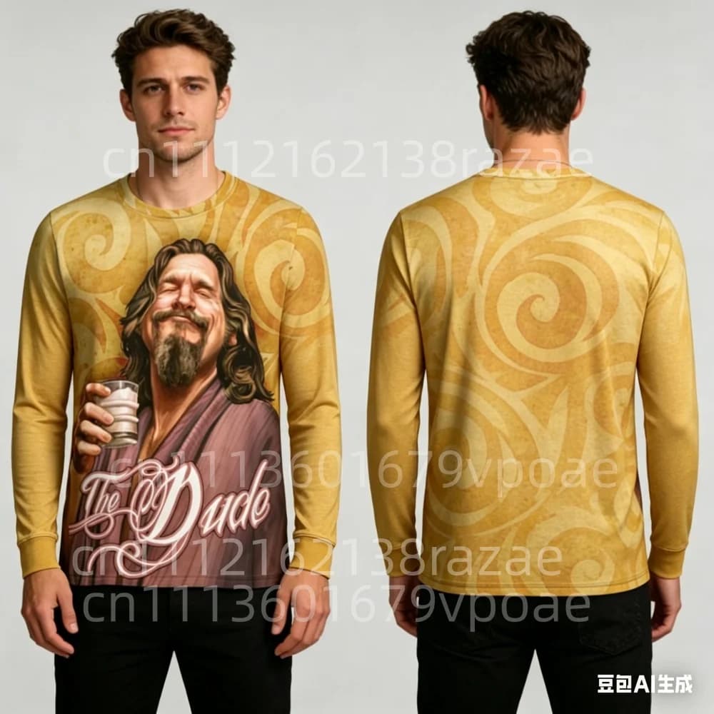 T-shirt casual da uomo a maniche lunghe con scollo rotondo e stampa di personaggi, top alla moda per l'uso quotidiano