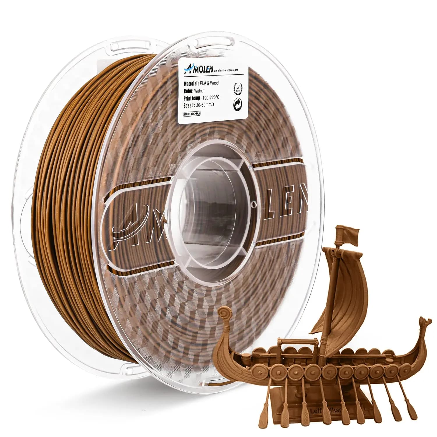 Filament for 3D Printer PLA Effetto Legno Noce Scuro, 1.75mm +/-0.02mm, Texture Vera Fiber Wood, 1KG