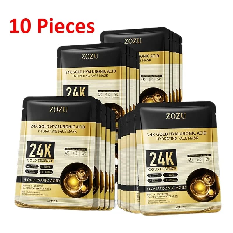 10 pieces 24k Gold Hyaluronic Acid Moisturizing Facial Mask Oil-control Mask for Face Women Korean Skin Care Products