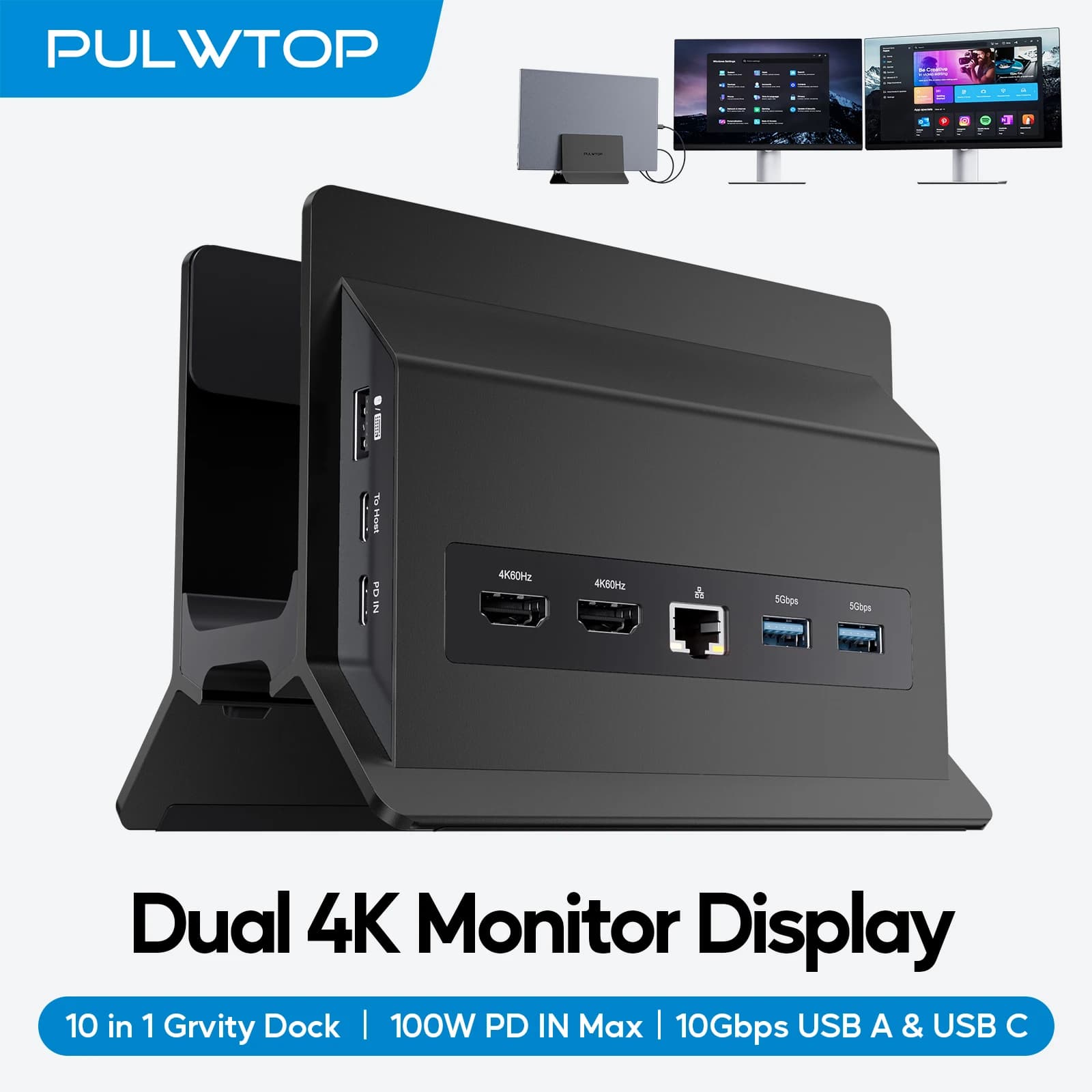 PULWTOP Docking station USB C doppio monitor per laptop di tipo C, con HDMI 4K a 60 Hz, USB A/C 10 Gbps, Ethernet, USB A 2.0, PD-Nero