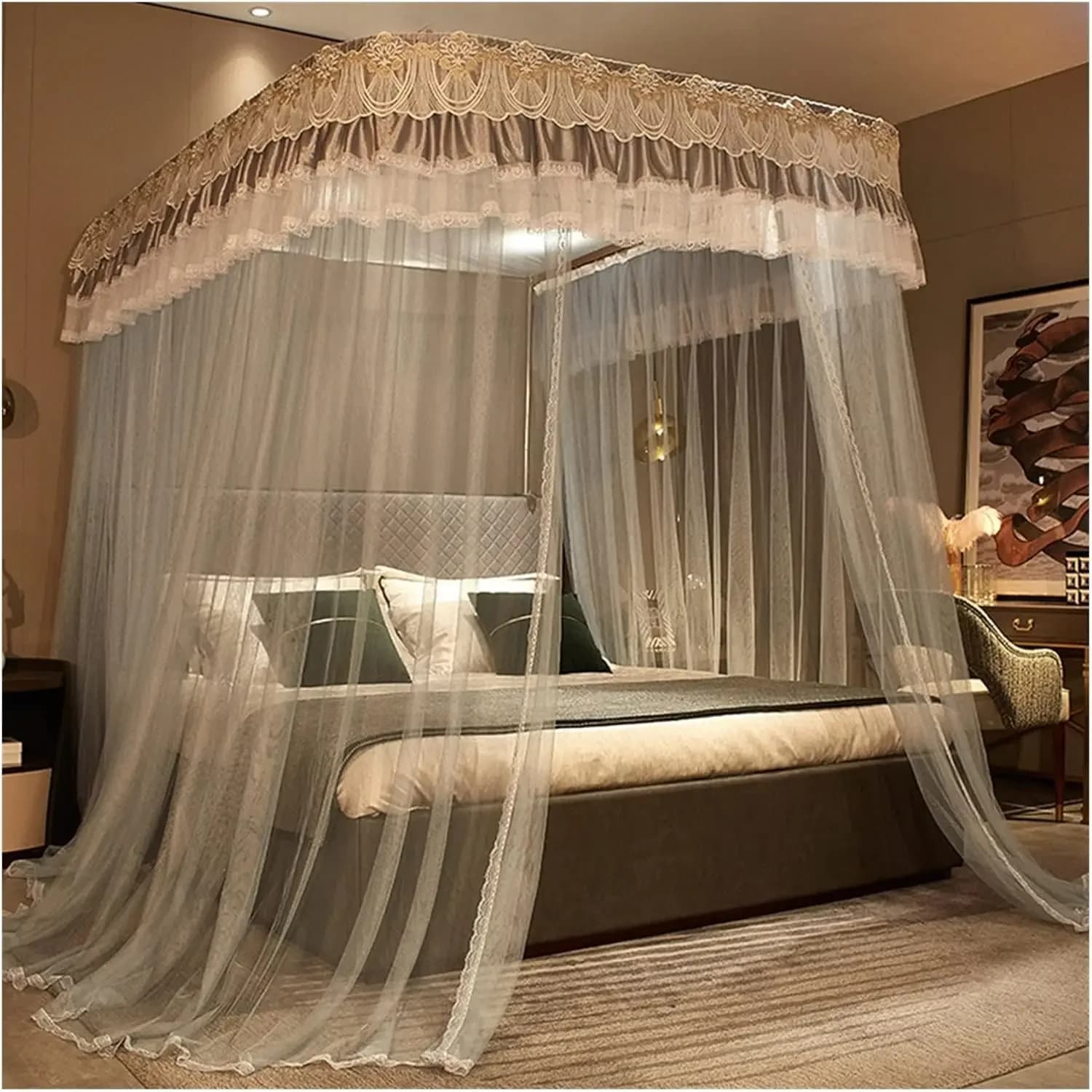 Mosquito Net Three Side Openings Post Romantic Lace Bed Curtain Canopy Netting Bed Net Bedding(Blue-Gray,150 * 200cm)