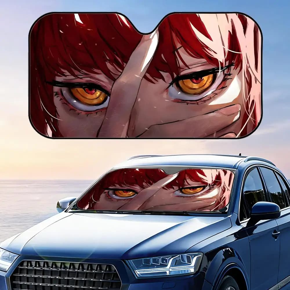 Parasole per auto in lamina di alluminio riutilizzabile Anime C-Chainsaw Man Eye, protezione UV, isolamento termico, copertura per parabrezza