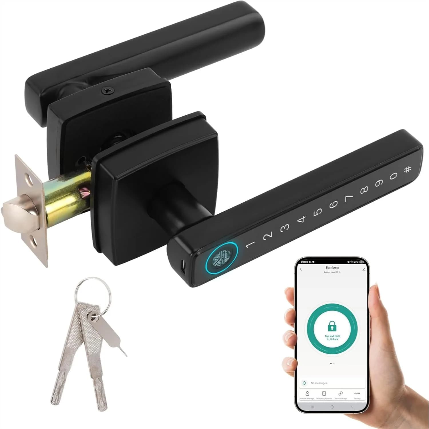 Maniglia Intelligente per Porta con Accesso Senza Chiave, 4-in-1: Impronta Digitale, App, Codice e Chiave, Serratura Biometrica per Camera da Letto, Appartamento, Ufficio, Porte Interne