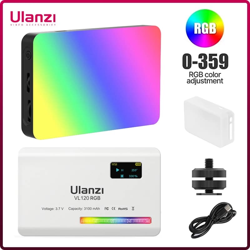 Ulanzi VL120 RGB Luce per fotocamera con diffusore 2500-9000K CRI 95+ 3100mAh Pannello luminoso video LED per luci fotografiche per telefono con fotocamera