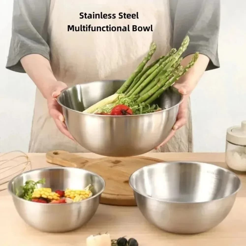Set of stainless steel bowls with scale for cooking, baking, preserving food, large capacity mixing bowls for essential elements for home cooking, 3 pieces