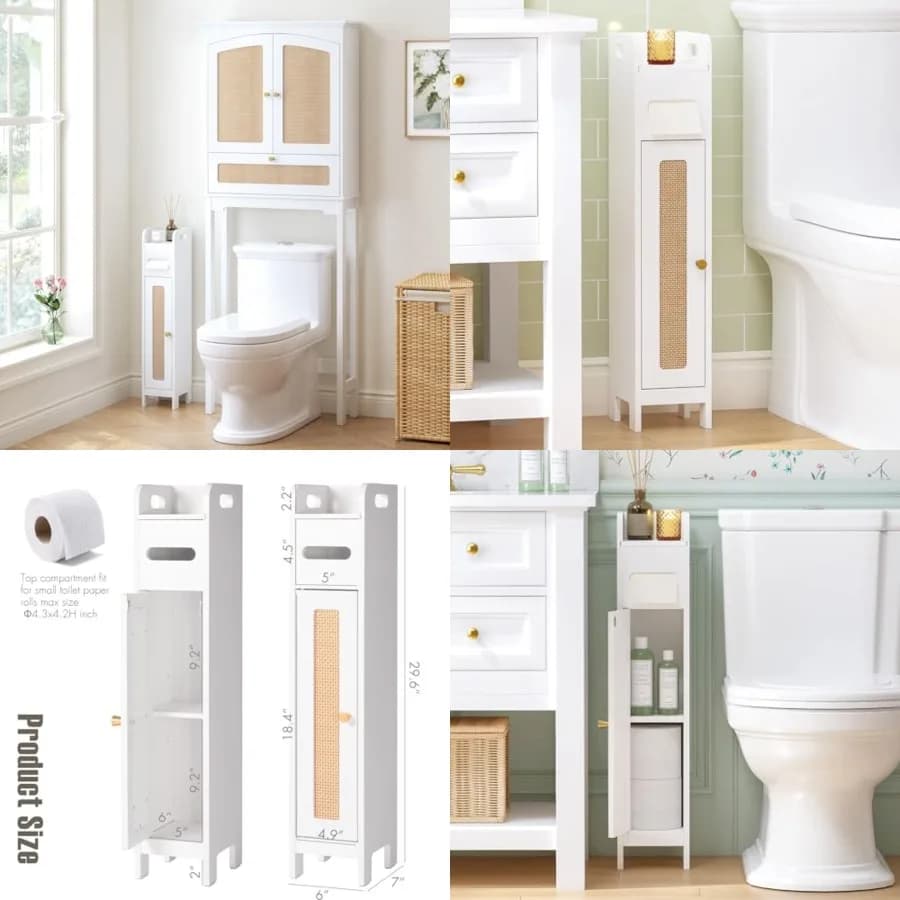 Mobiletto Salvaspazio per Bagno Spirich con Portarotolo, Armadietto Stretto con Anta in Rattan e Ripiano Regolabile