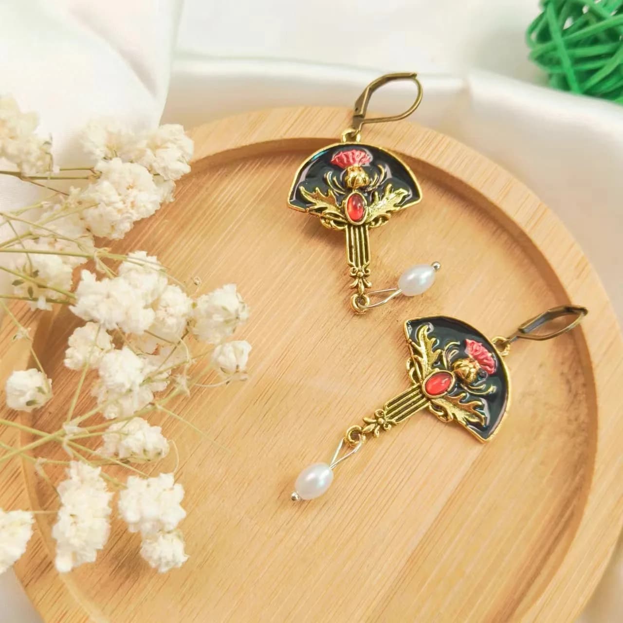 DIY accessories Chinese style retro simple fan pearl pendant earrings new Chinese style fashion temperament elegant Fuso oil dro