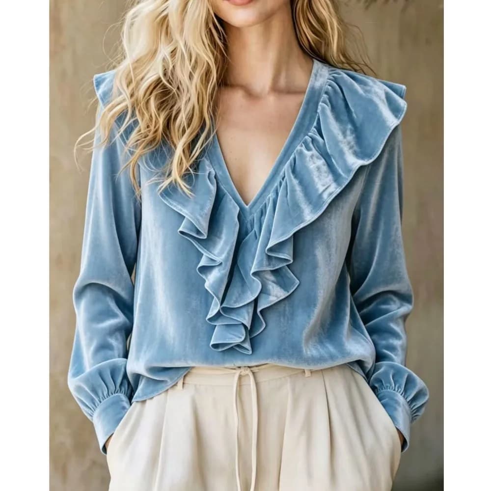 Autumn New Style Velvet V-neck Ruffled Tops For Women's Fashiona Elegant Loose Versatile Office Female T-shirts 2026