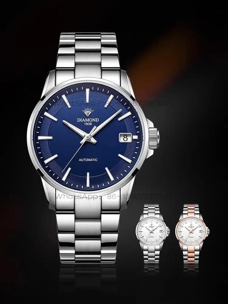 Orologio automatico da uomo Shanghai Diamond, orologio da polso business in acciaio dorato con data e impermeabile con elementi luminosi