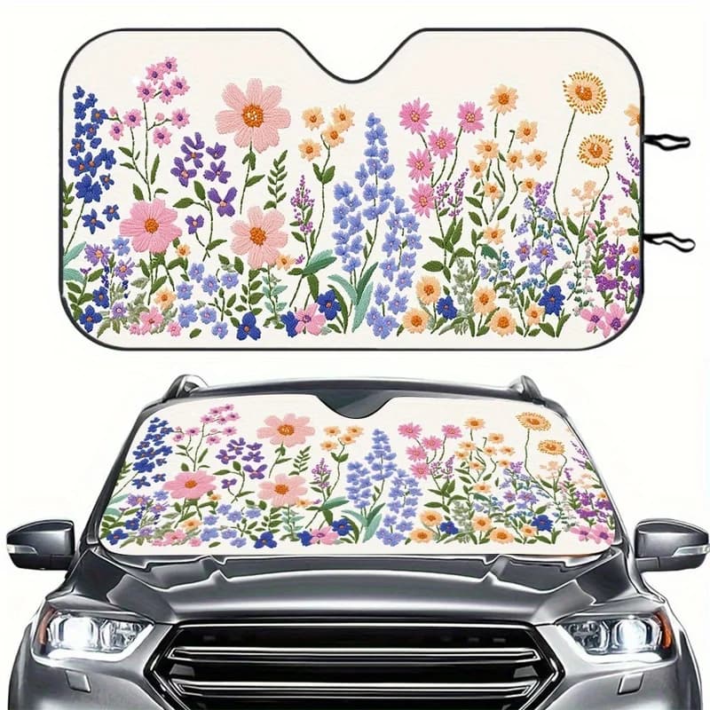 1Pcs Embroidered Wild Floral Car Windshield Sun Shade, Easy Installation, Vibrant Design