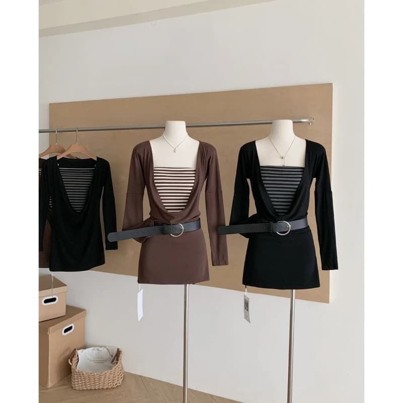American Spice Women High Street 2 Piece Sets Y2k Simple Striped Tanks Harajuku Sexy Low Shawl Neck Long Sleeve Soft Short Dress